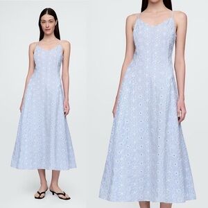 Gap Eyelet V Neck Midi Dress Blue White Stripe Embroidered Floral Cotton Medium